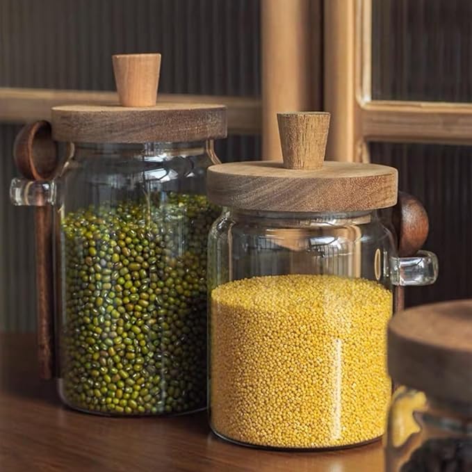 ANSQU Set of 2 Glass Food Storage Jars with Bamboo Wood Lid and Spoon, 20.3oz Glass Kitchen Canisters for Coffee, Tea, Cereal, Spice and Canning, Mason Jars, Cute Jar