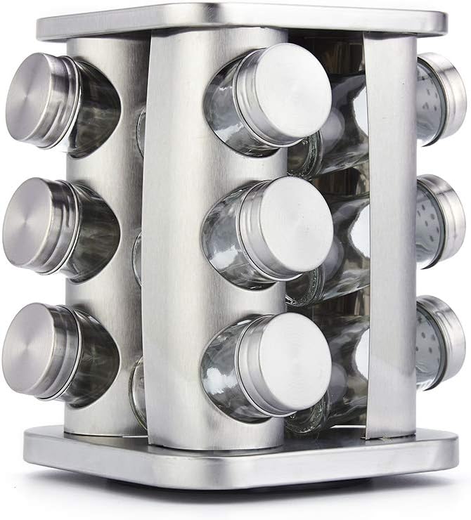 TINMIX Rotating Spice Rack Organizer with 12 Jars - Revolving Standing Seasoning Tower with 12 Glass Bottles for Countertop Kitchen Cabinet, Stainless Steel, Silver