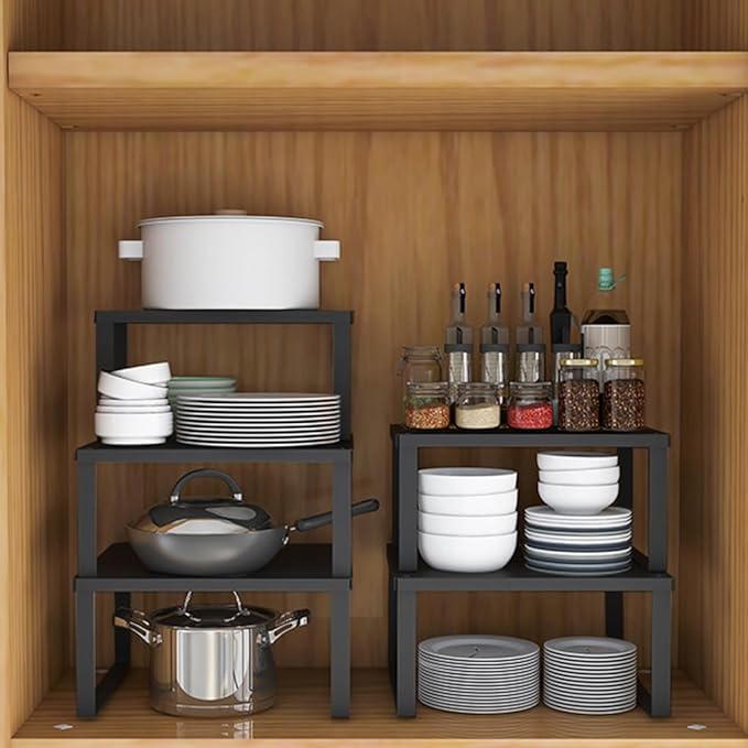 Stackable Cabinet Shelf Organizer Counter Storage Spice Rack Metal Space Saving for Kitchen Pantry Cupboard Countertop Bathroom Bedroom Under Sink Office, Black - Medium