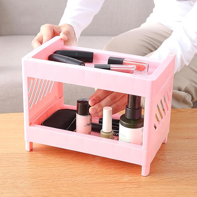 PRETYZOOM 2 Tier Foldable Countertop Organizer, Small Plastic Storage Rack for Kitchen Bathroom, Multifunctional Mini Shelf for Makeup Organizer, Bathroom Countertop Shelf, Kitchen Seasoning Holder