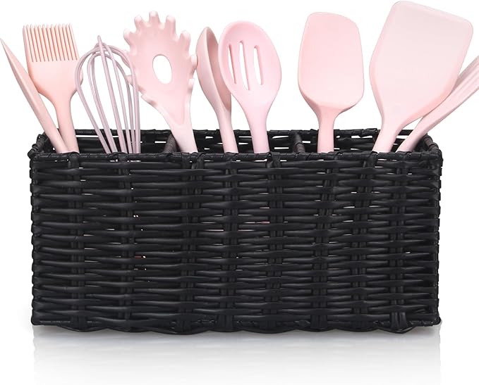 Ayiaren Wicker Silverware Cutlery Holder Black Flatware Utensil Caddy Best Silverware Organizer Storage for Countertop Party Kitchen Utensils Holder Flatware Silverware Caddies Spoon and Fork Holder