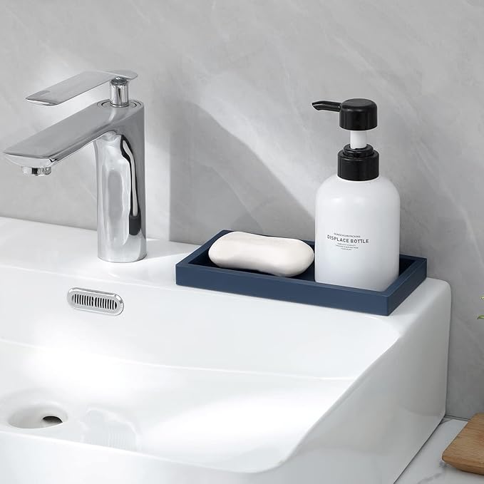 Small Silicone Bathroom Vanity Tray Rectangle Soap and Sponge Holder Kitchen Sink Organizer for Scrubber, Lotion Bottles, Perfume, Jewelry, Candle, Key Trinket Ring, Dark Blue