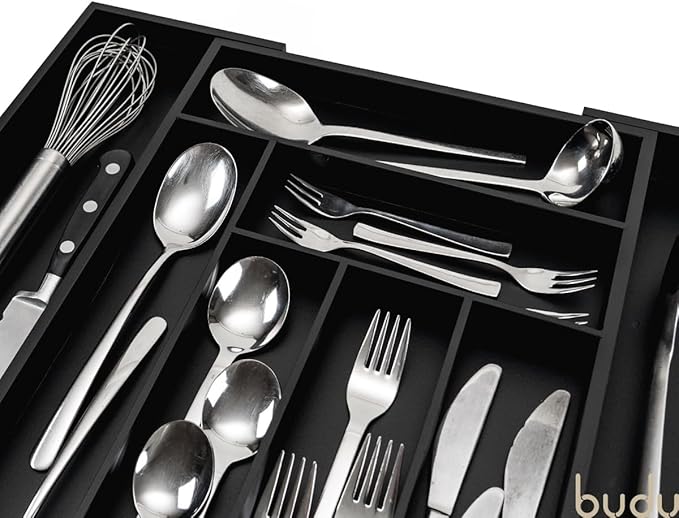 budu Silverware Drawer Organizer #17.7" Depth – Black - Utensil Holder, Kitchen Drawer Organizers for Flatware, Cutlery – Perfect Utensil Organizer for Silverware & Other Kitchen Organization Tools
