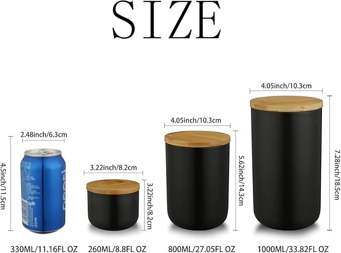 YYW Ceramic Food Storage Jar Canister with Airtight Wooden Lid, Modern Design Food Canisters Loose Tea Coffee Sugar Spice Nuts Snacks Seasonings Storage Jar Caddy (Black 7.03 oz/200 ml)