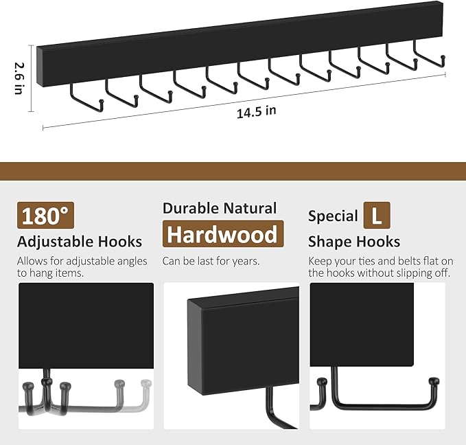 ZEDODIER 2 Pack Wodden Tie Hanger Wall Mounted, Space Saving Belt Organizer for Man with 24 180° Rotating Hooks, Space Saving Belt Storage Holder, Black