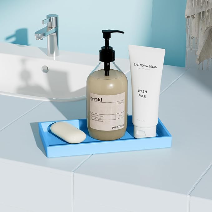 Vanity and Bathroom Tray, 7.7" ABS Countertop Organizer,Waterproof Vanity Tray for Toilet Tank,Perfume,Soap,Keys,Bathroom Accessories,Kitchen and Bath Trays,Non Slip Small Trays,Blue