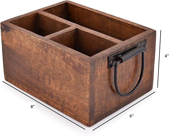EDHAS 3 Compartment Flatware Caddy, Cutlery Utensil Holder with Metal Handles for Farmhouse Kitchen Decor and Countertop, Dining Table, Office Organizer (8" x 6" x 4")