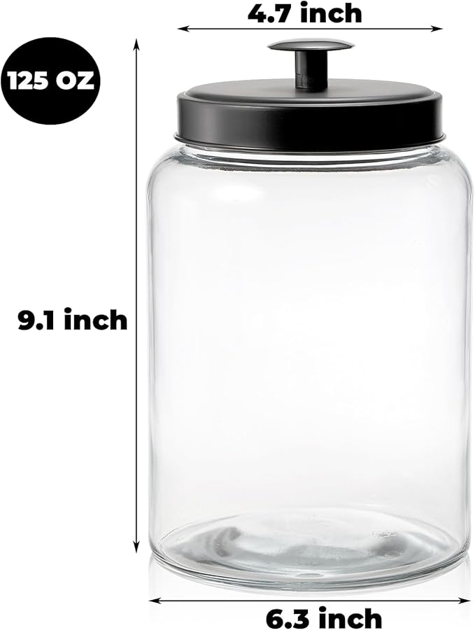 2 Pack Large Glass Jars with Metal Lid, 1 Gallon Clear Cookie Candy Jar, 125 OZ Airtight Food Storage Container, Empty Canister Set for Kitchen Counter, Pasta, Dog Treats, Snacks, 3.7 L