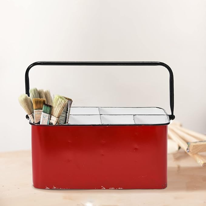 Creative Co-Op Farmhouse Metal Storage Caddy with 6 Compartments and Handle, Distressed Red and White