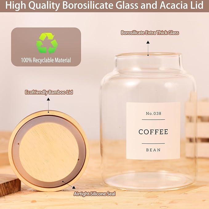 High Borosilicate Glass Jar with Airtight Acacia Lid and 132 Kitchen Panty Labels Preprinted - 43 Fl Oz Thicken Glass Food Storage Container Canister for Coffee Bean, Candy, Cookie, Tea, Sugar