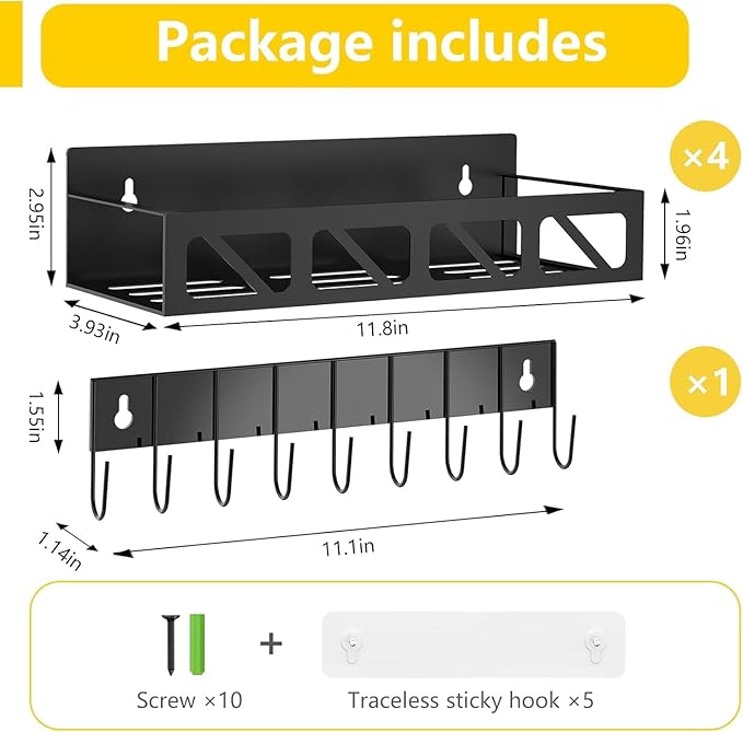 Magnetic Spice Rack Organizer for Fridge Seasoning Organizer for Kitchen storage with Screw or Adhesive Hanging,Magnetic Shelf with Hook for Refrigerator and Oven (Black-non-magnetic, 4pack)