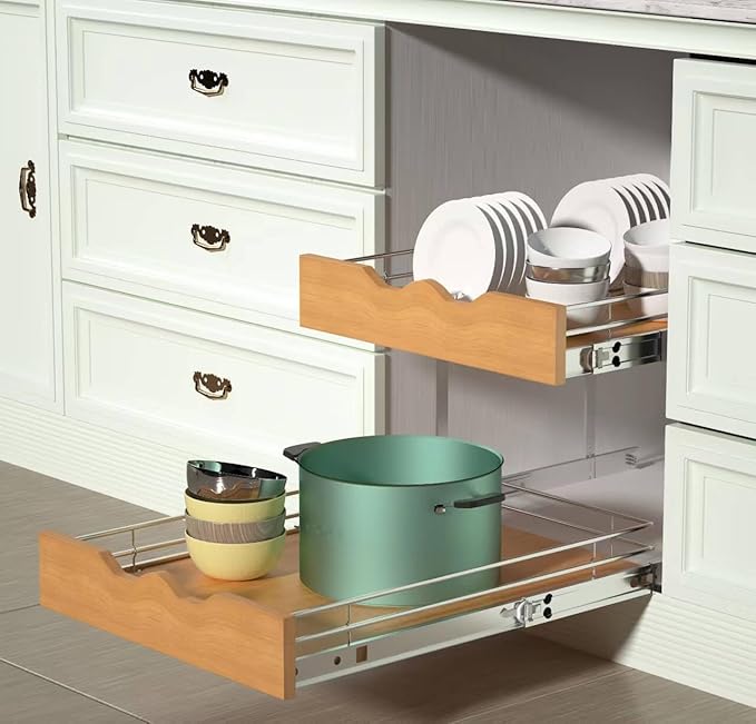 DINDON 2 Tier Pull Out Cabinet Organizer (14" W x 21" D) Slide Out Wood Shelf Double Tier Kitchen Wire Basket with Chrome Finish…