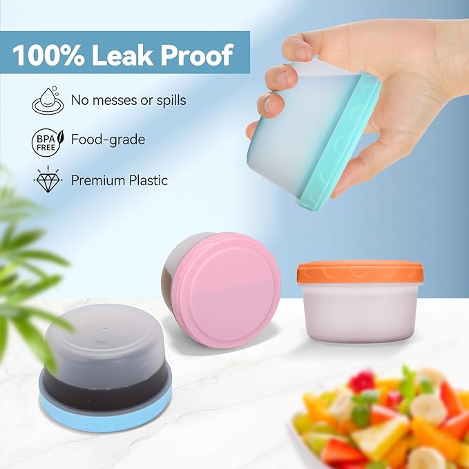 Small Containers with Lids, Reusable Plastic Bowls for Snack and Puree, Salad Dressing Container to Go, Deli, Sauce, Freezer Condiment Containers, Dishwasher Safe (colorful,6 pack, 10 oz)