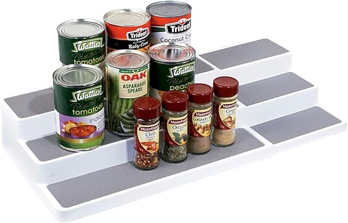YCOCO 3-Tier Expandable Spice Rack Step Modern Design Waterproof and Non Skid Shelf Kitchen Organizer for Pantry Cabinet or Countertop Use