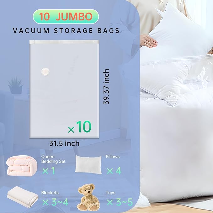 10 Jumbo Vacuum Storage Bags, Vacuum Seal Bags for Clothing, Pillows, Comforters, Blankets, Space Saver Bags with Electric Pump