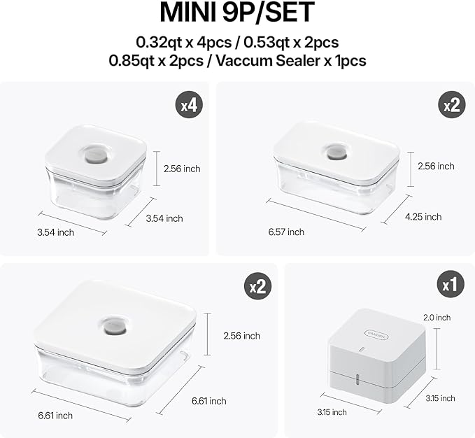 Premium Airtight Food Storage Containers, Mini 9P/SET include Vacuum Sealer, Smart One-Click Seal Lid, No Hinges, 100% Leak Proof, BPA-FREE, Dishwasher, Freezer & Microwave Safe