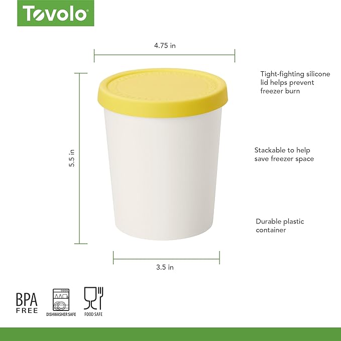 Tovolo Sweet Treat, Reusable Ice Cream Container for Homemade Ice Cream, Lemon - 1 Quart Stackable Storage Tubs with Silicone Lids for Freezer - BPA-Free & Dishwasher-Safe (Pack of 3)