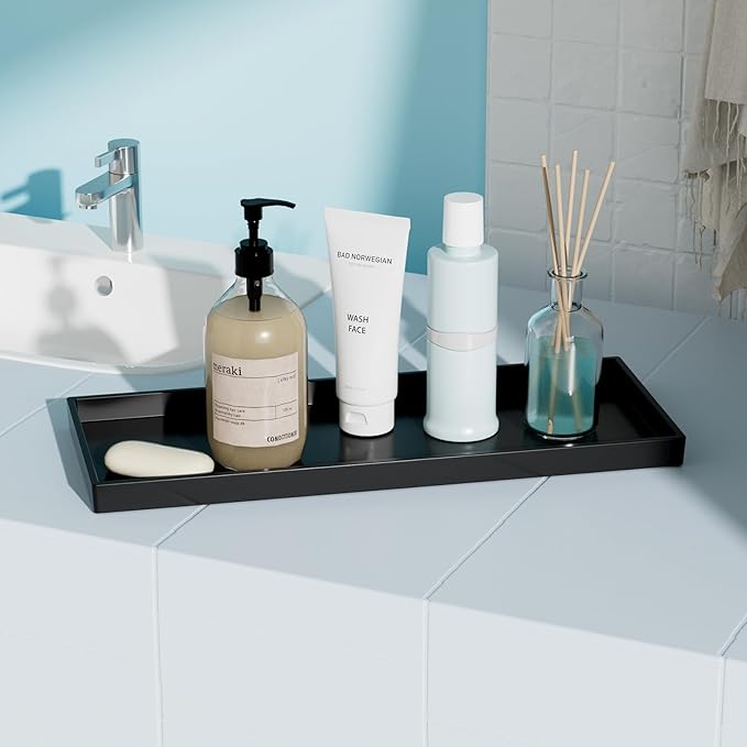 Vanity and Bathroom Tray, 15" ABS Countertop Organizer,Waterproof Vanity Tray for Toilet Tank,Perfume,Soap,Keys,Bathroom Accessories,Kitchen and Bath Trays,Non Slip Small Trays,Black