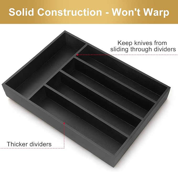 Wooden Silverware Drawer Organizers Black Utensil Trays for Kitchen Drawers Wood Cutlery Tray Flatware Organizer Utensil Holder Drawer Divider Fork Spoon Organizer Storage Bamboo Silverware Tray