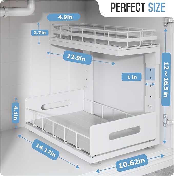 1 Pack Under Sink Organizer Upgrade To Professional Rails,2-Tier Dual Pull Out Cabinet Storage,Height Adjustable Slide Out Drawers For Bathroom Kitchen,Under Sink Shelf-White