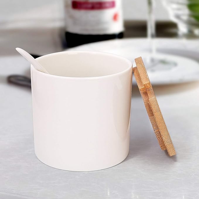 Lucky Goddness June Sky Ceramic Food Storage Containers with Bamboo Lid- Modern Design Porcelain Jar- Perfect Canister for Sugar Bowl Serving Tea, Coffee, Spice- Condiment Pot 8 oz, white