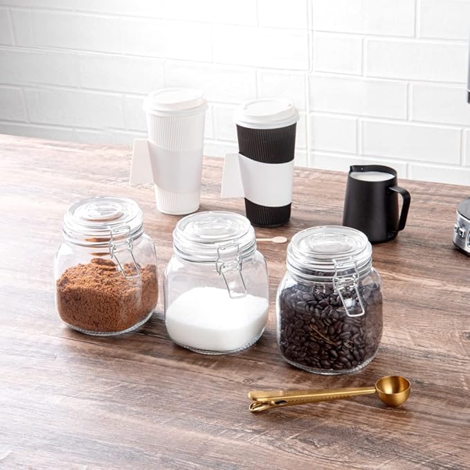 Restaurantware Vetri 30.4 Ounces Glass Storage Jars 3-Piece Dishwashable Glass Cookie Jars - Airtight Seal Hot & Cold Friendly Clear Glass Glass Candy Jars For Kitchen Laundry Or Storage