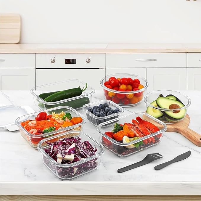 VERONES 24 Pieces Glass Food Storage Containers Set, Airtight Glass Lunch Containers, Glass Meal Prep Containers with Lids,Exclusive of BPA, for Microwave, Oven, Freezer & Dishwasher Friendly,White