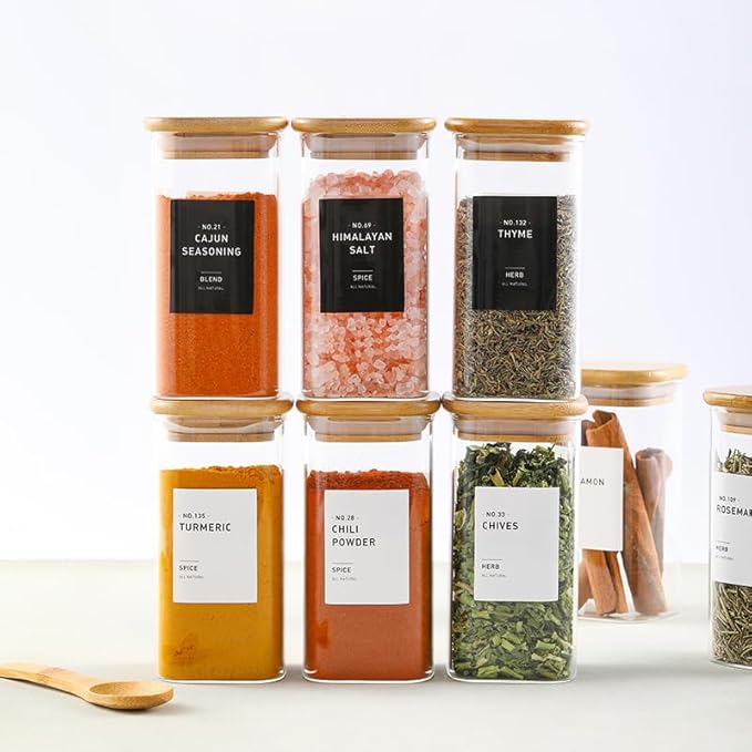 12Pcs Glass Spice Jars with Bamboo Airtight Lids, 10oz Spice Containers with 340 Preprinted Spice Labels of White and Black Color, Empty Seasoning Containers for Spice Salt Sugar Herb