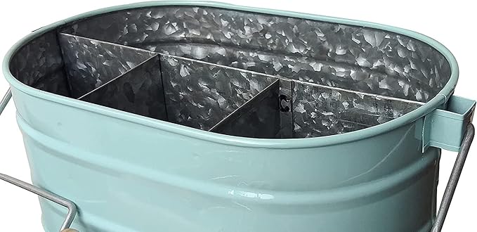 Galvanized Metal Caddy with 4 Compartments, Rustic Farmhouse Kitchen Indoor Outdoor Picnic Utensil Holder, Multipurpose Storage Bin, Metal Garden Planters - 12 Inch - Aqua