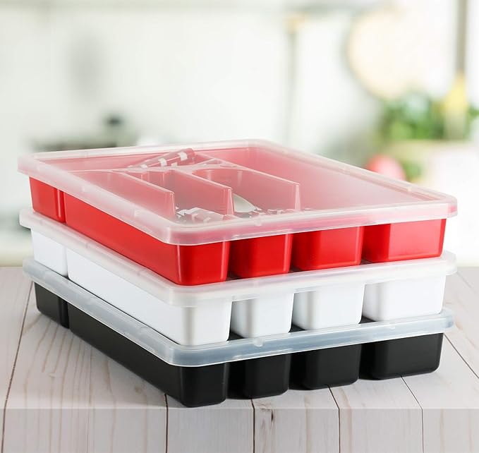 Flatware Tray with Lid, Plastic Camper Picnic Cutlery and Utensil Drawer Organizer, Kitchen Silverware Storage Container with Cover, White