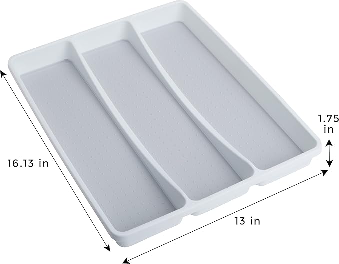 Smart Design 3-Compartment Plastic Drawer Organizer - Non-Slip Lining and Feet - BPA Free - Utensils, Flatware, Office, Personal Care, or Makeup Storage - Kitchen - White with Gray