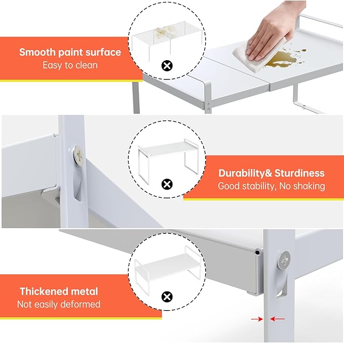 Expandable Cabinet Shelf Organizer Rack 9 inch, Pantry Organizer Lengthen from 14” to 25” , Large Kitchen Cabinet Storage Shelf Rack, Storage Organizer white,Spice Rack Expandable Shelves,