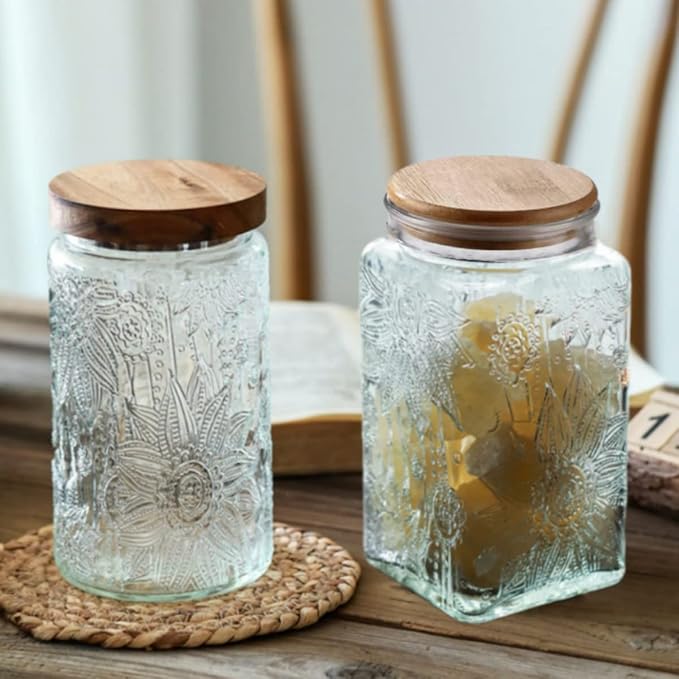 Vintage Glass Canister, 34 oz Glass Food Storage Jar - Round Sunflower Pattern for Kitchen, Coffee, Tea, Candy, Sugar