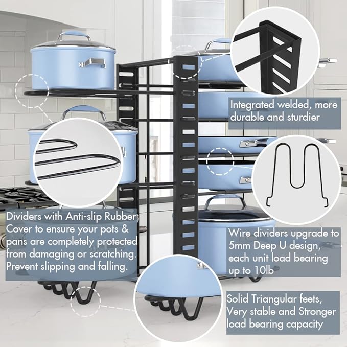 Adjustable Pots and Pans Organizer Rack for Cabinet, Metal Pans Pots Lids Storage Holder Rack with 3 DIY Methods for Kitchen, Counter,Black