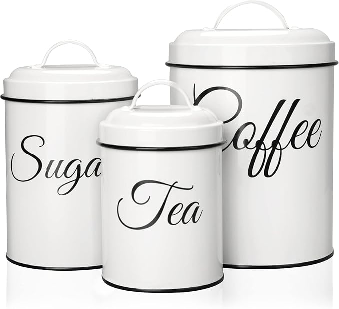 Cibeat Canister Set for Kitchen Counter, Airtight White Vintage Canisters Sets, 3pcs Rustic Farmhouse Kitchen Decor, for Coffee, Flour, Sugar, Tea Storage