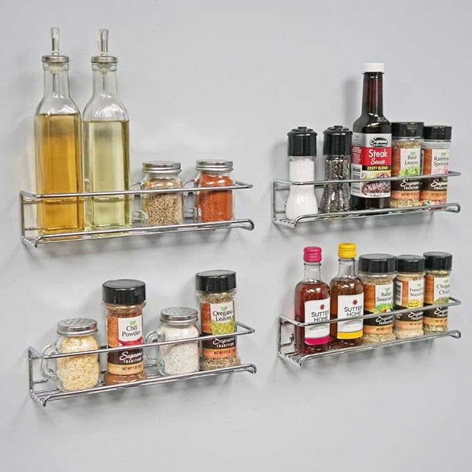 Spice Rack Shelves Set of 4 – Chrome Metal Wall Mount Kitchen Organizer for Spices and Home Décor