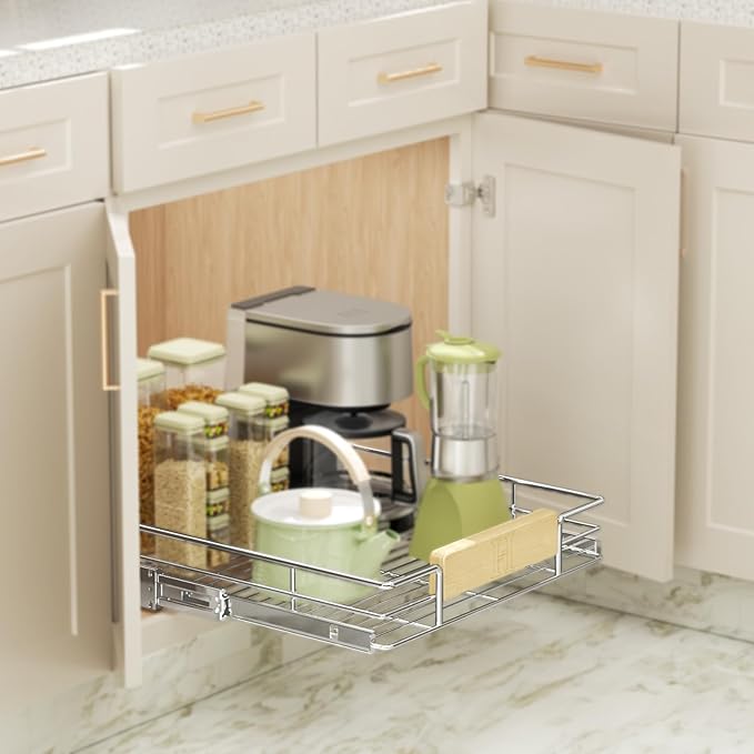 LOVMOR Pull Out Cabinet Organizer with Wooden Handle, 10½" W x 21½"Heavy Duty Cabinet Drawers Shelves Slide Out Organizer for Kitchen, Pantry
