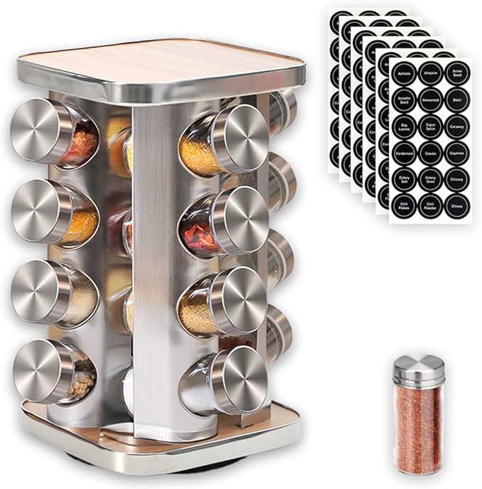 Revolving Countertop Spice Rack, 16 Jars Stainless Steel Rotating Seasoning Storage Organizer for Cabinet, Spice Carousel Tower for Kitchen