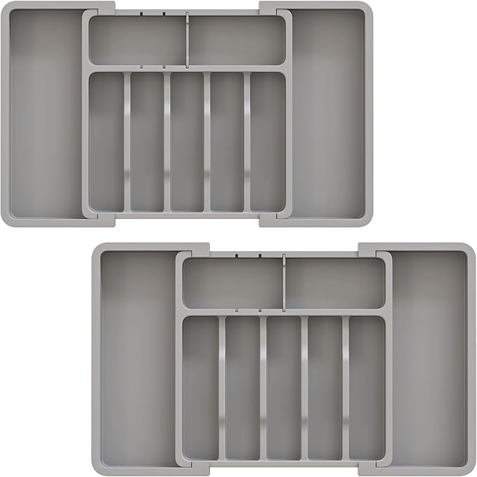 2 Pack Silverware Organizer, Expandable and Adjustable Kitchen Utensil Drawer Organizer, Plastic Cutlery Holder with Multiple Compartments,Cutlery Holder,for Spoons Forks Knives,Grey,UAFD012G