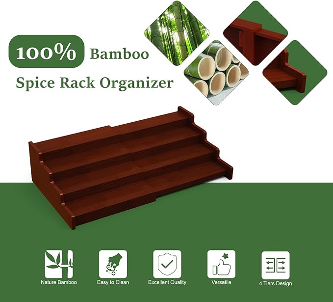 Spice Rack Organizer for Expandable 4-Tier, 2 Pack Adjustable Bamboo Spice Storage for Kitchen Cabinet, Pantry and Countertop Organization, Brown