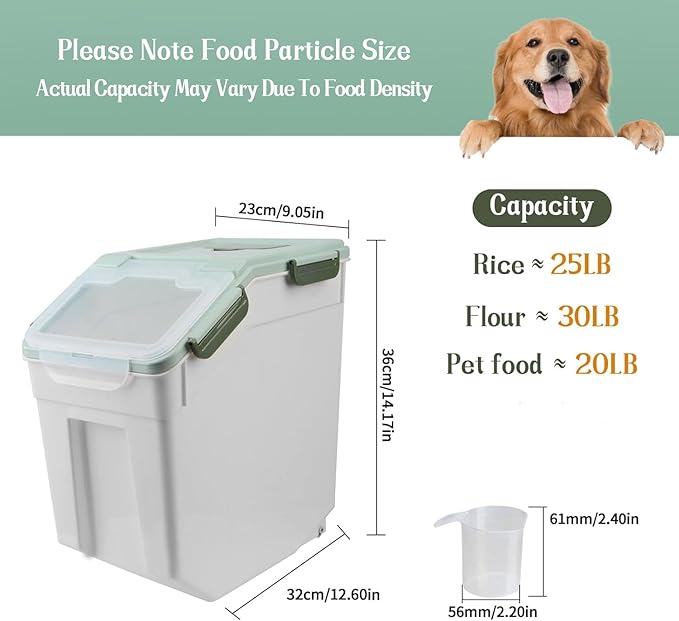 YXQ 25LB Large Flour Storage Container Bin,Green Airtight Plastic with Wheels Seal Locking Lid Dispenser Organizer Storage Bin with Measuring Cup & Scoop for Flour, Rice, Grain,Set of 4