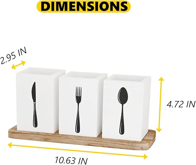 CHONIC Farmhouse Silverware Holder, Rustic Wood Silverware Caddy with Tray, Spoon Fork Knives Flatware Dispenser, Utensil Countertop Organizer, Plastic Cutlery Holder for Kitchen Party (White)