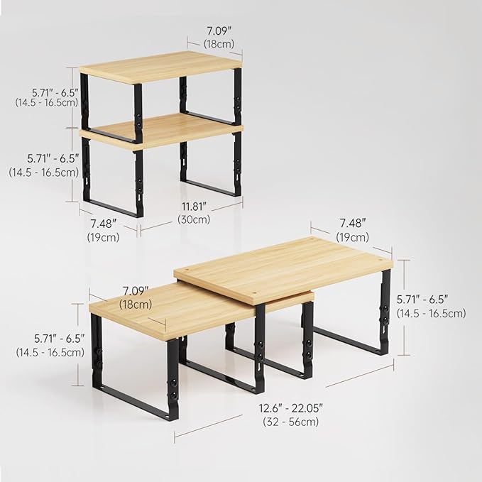 Cabinet Organizer Shelf, Spice Rack, Adjustable Height, Stackable and Nesting Shelves,Metal and Solid Wood, for Multiple scenarios in The Kitchen, Office or Closet (Black)