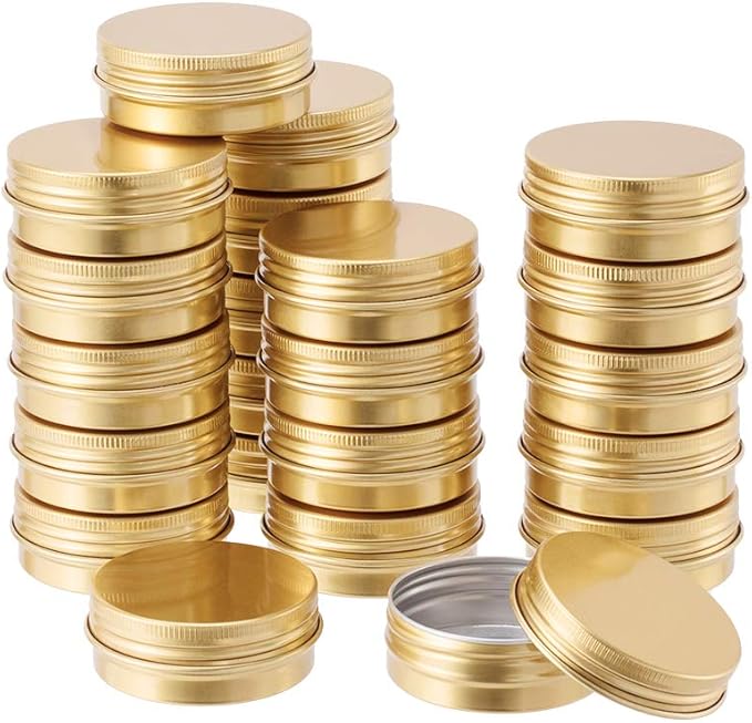 BENECREAT 30 Pack 1 OZ Round Tin Cans Screw Top Aluminum Cans with Lids for Lip Balm, Scrubs, Spices, Candies, Tea and Other Gift Giving (Gold)