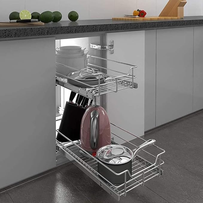 2 Tier Pull Out Cabinet Organizer 17" W X 22" D, Slide Out Drawers For Kitchen Cabinets, Pullout Drawers For Cabinets Capacity Heavy Duty Caddy, Cabinet Pullout Shelves Chrome-Plated,Bathroom Pantry