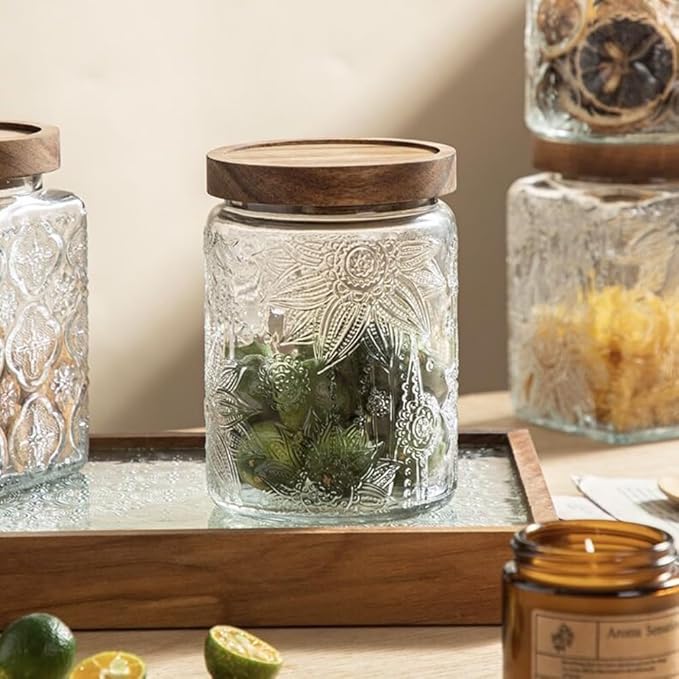 Vintage Glass Jar, 23.7 FL OZ Glass Food Storage Container, Decortive Glass Jar with Airtight Lid, Cookie Jar Sugar Container for Kitchen Counter Holds Coffee, Tea, Sugar or Bath Salts (Sunflower)