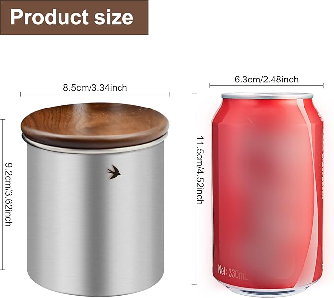 Food Storage Jar Canister with Airtight Walnut Wood Lid Elegant Design Stainless Steel Canister for Tea Coffee Sugar Spice Nuts Snacks Seasonings Storage Jar Caddy (12.8oz Natural)