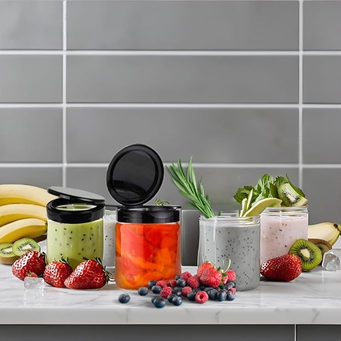 Jarming Collections Mason Jars - 16 oz Glass Extra Wide Mouth Pint Storage Jars with Black Flip Lids - Made in USA