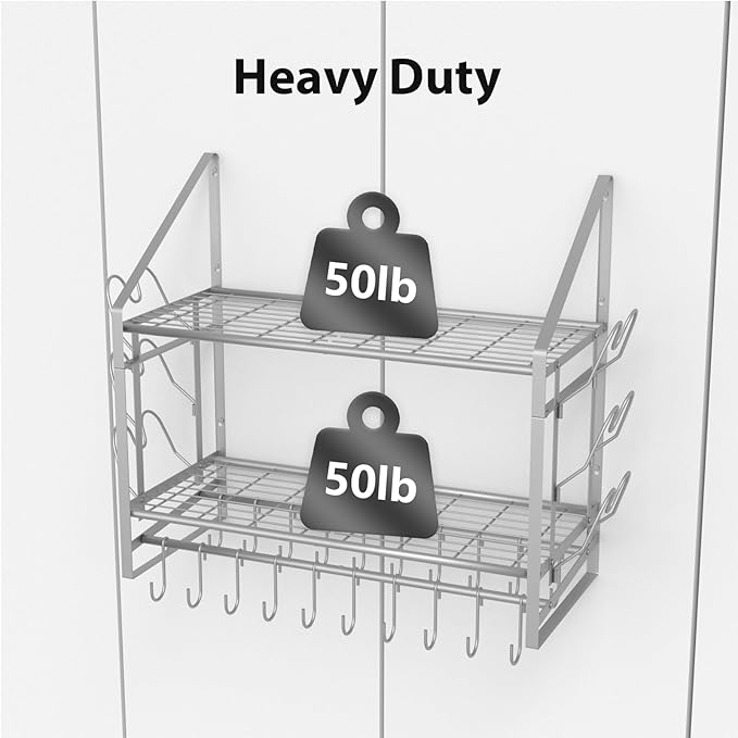 35 Inch Pot Rack Wall Mounted, 2 Tier Pots and Pans Organizer with 20 Hooks and 6 Pot Lid Holders, Heavy Duty Steel Pot and Pan Hanger for Kitchen Cookware Utensils Storage, Silver