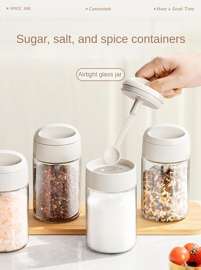 Sugar and Salt Container Set,Glass spice jars with Spoon,8.5 oz Sugar Bowl,for Kitchen Counter Keeping Sugar,Salts,Spice,Sauce